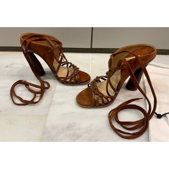 PAUL ANDREW Saddle Brown Suede Leather Strappy Heels, Sz 38 - Picture 3 of 6